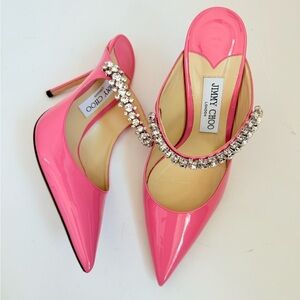 Jimmy Choo Candy Pink Patent Leather Bing 100 Crystal Embellished Mule pumps 38
